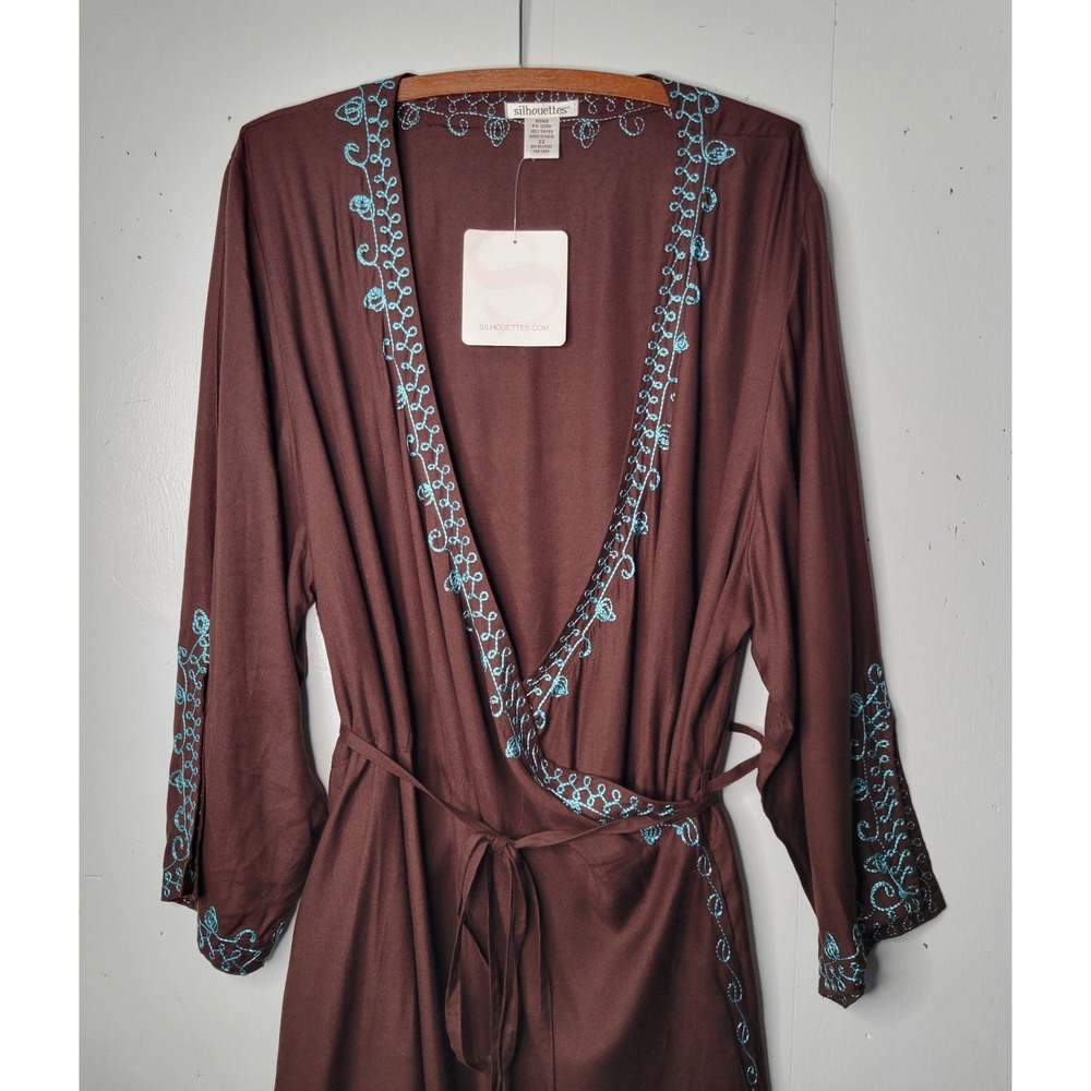 Silhouettes Brown Rayon Embroidered Wrap Coverup Robe Plus Sz 22 Turquoise  Boho